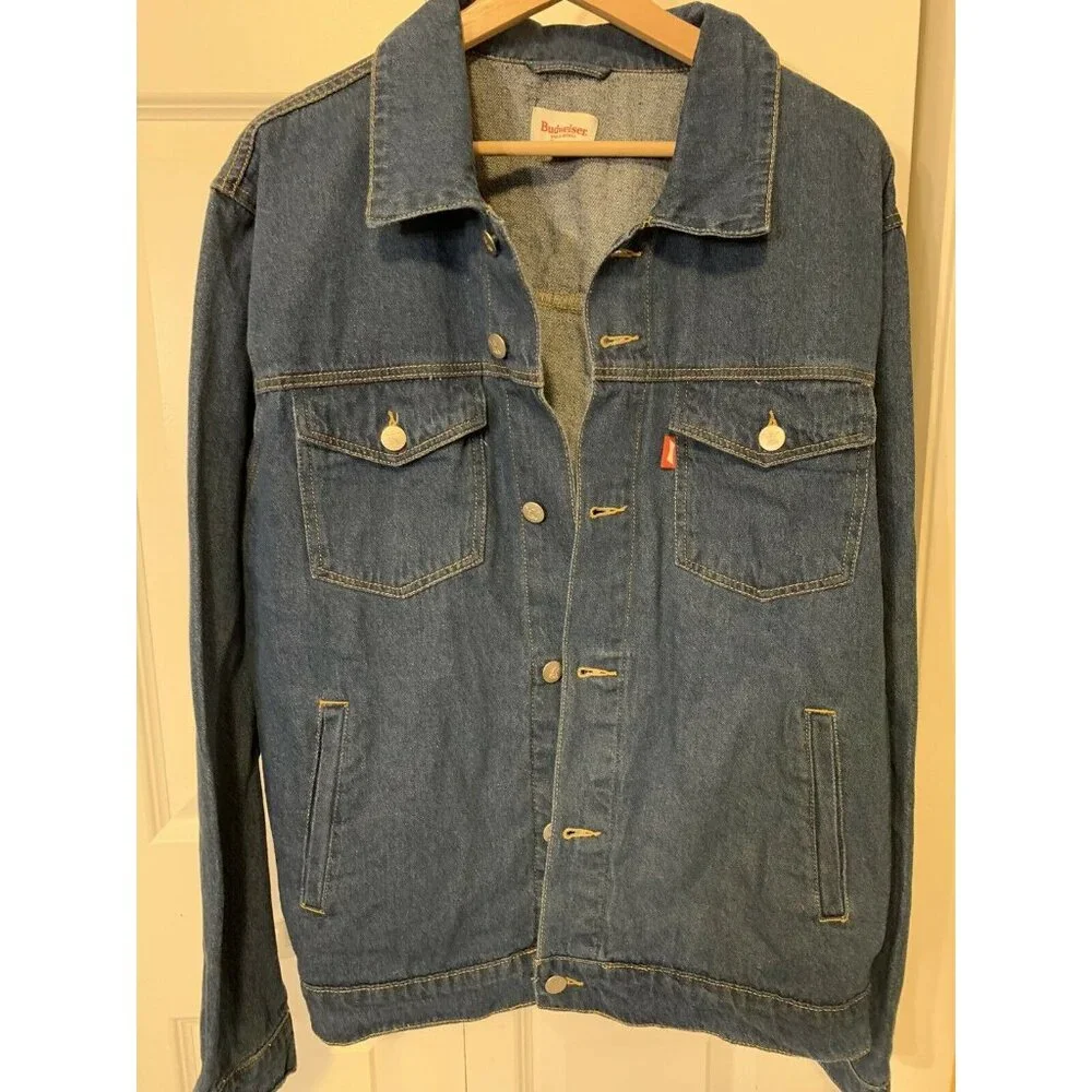 New Budweiser Denim Men’s Sz L Blue Trucker‎ Button Jean Logo Jacket NWT